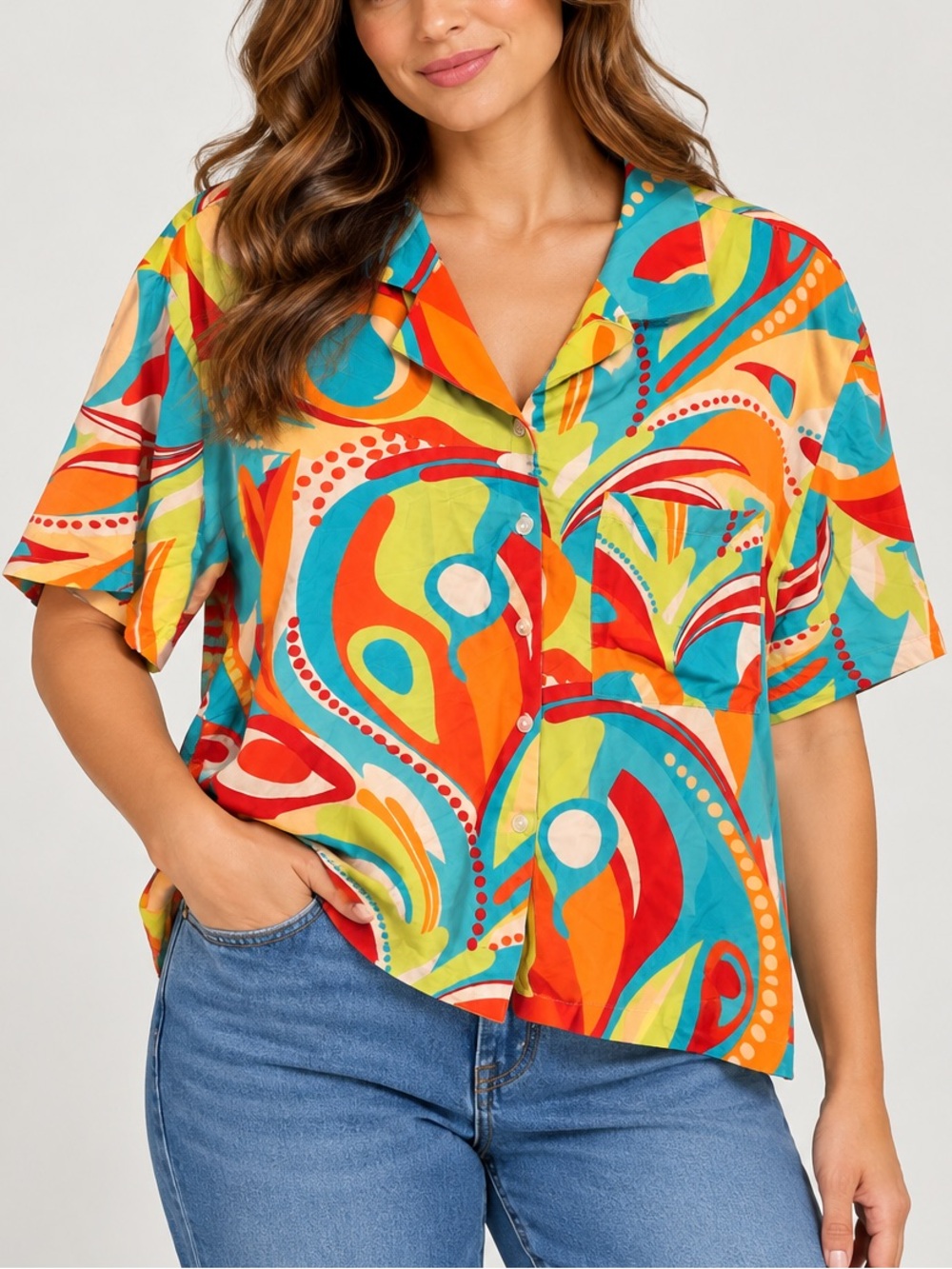 Jessica Simpson Red Orange Blue Green Abstract Short Sleeve Button-Down Shirt